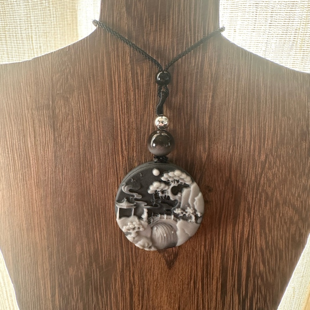 Tai Chi Stone Round Landscape Pendant on Black Adjustable Rope